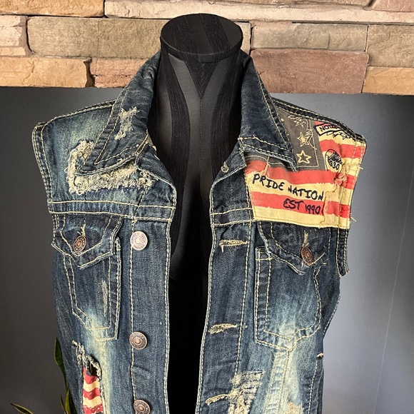 Smoke Rise Americana Denim 3D Flag Vest Cool Distressed Patriotic Blue Red Men S - Picture 3 of 8